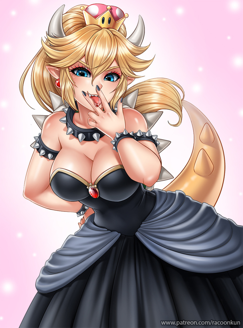 2018 alternate_species animal_humanoid blonde_hair blue_eyes bowser bowsette_meme breasts cleavage clothed clothing colored_nails digital_media_(artwork) ear_piercing eyelashes female hair hi_res horn humanoid humanoidized mario_bros nintendo piercing pointy_ears racoon-kun solo super_crown tongue tongue_out url video_games