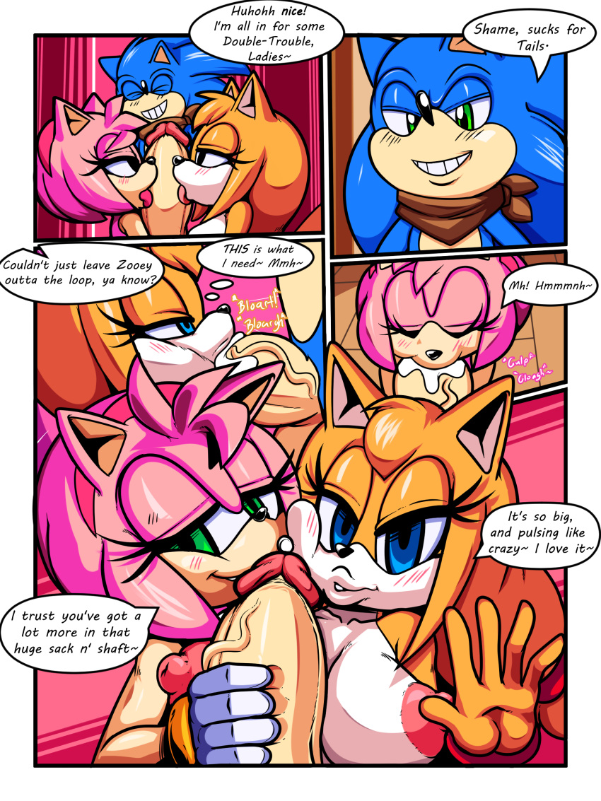 2018 absurd_res amy_rose anthro anthro_on_anthro big_breasts big_penis breasts canine cloudz comic cum cum_in_mouth cum_inside dialogue dreamcastzx1 english_text fellatio female fox group group_sex hedgehog hi_res huge_breasts huge_penis licking male male/female mammal oral penis penis_lick sex sonic_(series) sonic_boom sonic_the_hedgehog speech_bubble text threesome tongue tongue_out video_games zooey_the_fox