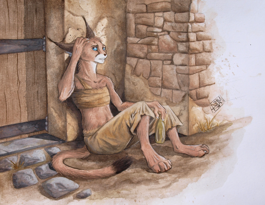 0laffson 2015 4_toes 5_fingers anthro barefoot blue_eyes bottle caracal chest_wraps clothed clothing day detailed_background ear_tuft feline female fur holding_bottle holding_object looking_at_viewer mammal outside reclining shadi_(0laffson) sitting toes traditional_media_(artwork) tuft wraps