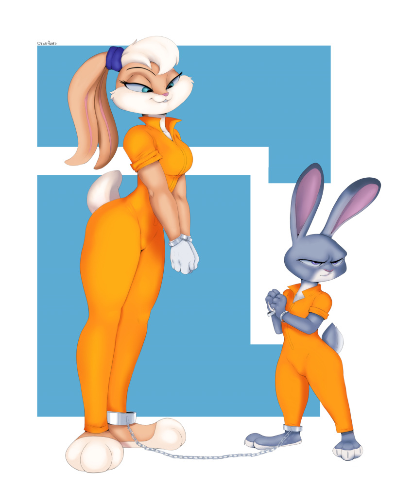 2018 angry anthro barefoot blonde_hair blue_eyes bound chain claws clothed clothing cybertuna dipstick_ears disney duo female flat_chested fur gloves hair handcuffed handcuffs hi_res judy_hopps jumpsuit lagomorph lola_bunny looking_back looney_tunes mammal multicolored_fur prison prisoner purple_eyes rabbit shackles simple_background size_difference smile teeth toe_claws two_tone_fur warner_brothers zootopia