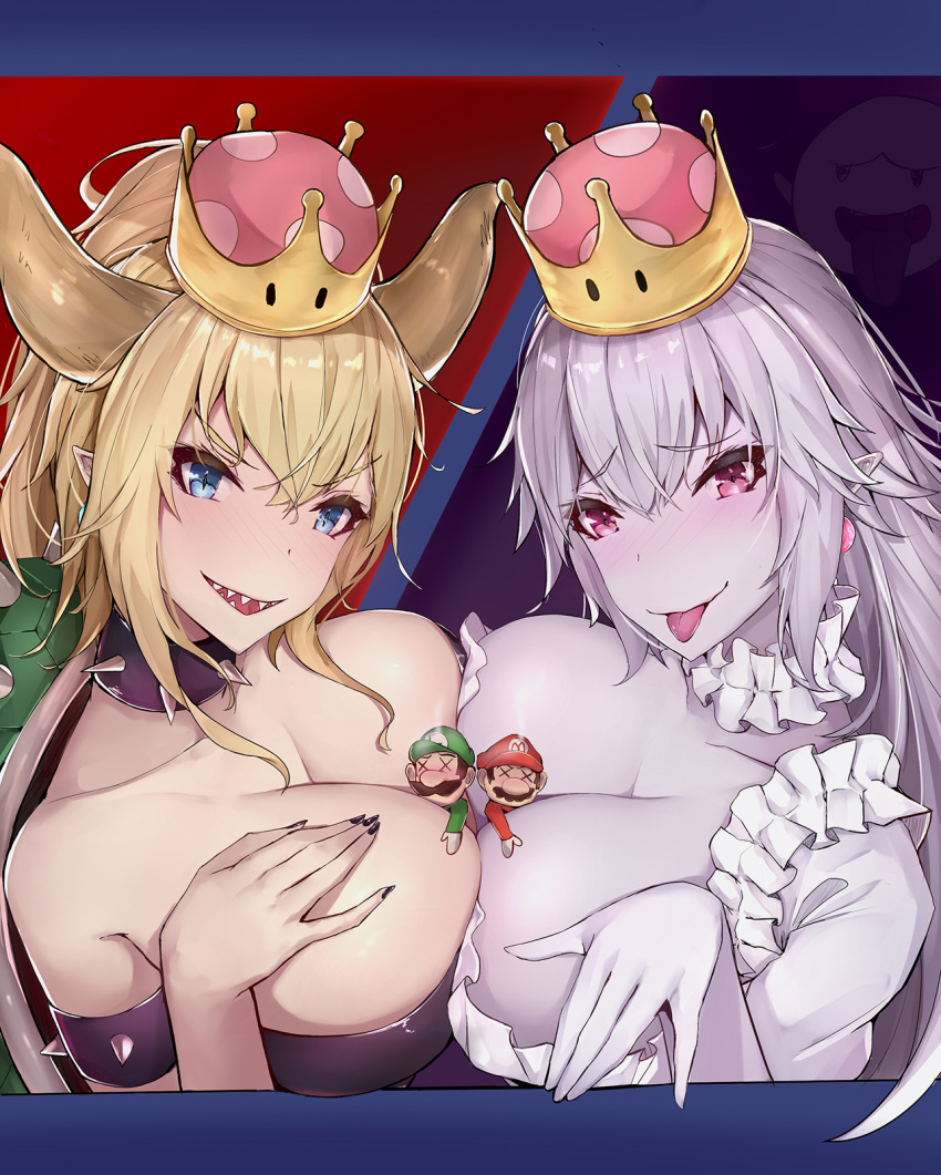 2girls :p armlet bangs between_breasts big_nose black_hair black_nails blonde_hair blue_background blue_eyes blush bowsette breast_press breast_suppress breasts choker closed_eyes closed_mouth collar collarbone commentary crown earrings eyebrows_visible_through_hair facial_hair frilled_choker frills ghost_pose gloves green_hat hair_between_eyes hand_on_own_chest hand_up hat high_ponytail highres horns jewelry large_breasts letterboxed long_hair long_sleeves looking_at_viewer looking_to_the_side luigi luigi's_mansion mario mario_(series) miniboy multiple_boys multiple_girls mustache nail_polish new_super_mario_bros._u_deluxe nose_blush open_mouth pale_skin person_between_breasts pink_eyes pointy_ears ponytail princess_king_boo raised_eyebrows red_background red_hat sharp_teeth sherryqq short_hair short_pointy_ears sideburns sidelocks silver_hair size_difference slit_pupils smile spiked_armlet spiked_collar spiked_shell spikes straight_hair strapless super_crown symmetrical_docking teeth tongue tongue_out turtle_shell upper_body v-shaped_eyebrows white_choker white_gloves x_x