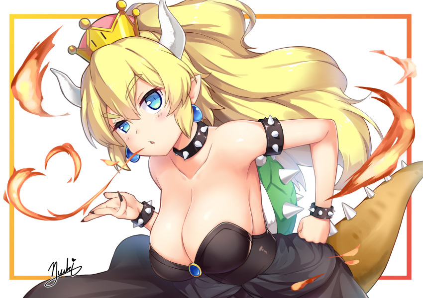 aqua_eyes blonde_hair bowsette breasts choker cleavage crown dress fire genderswap horns long_hair pointed_ears ponytail signed subaru_(794829485) super_mario_bros tail