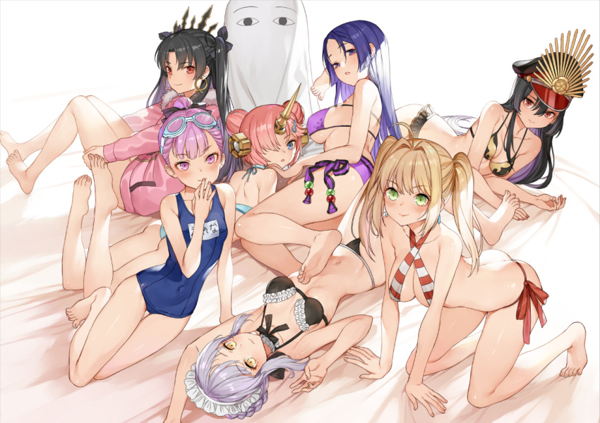 6+girls :o ahoge all_fours arched_back arm_support arm_up armpits ass bangs bare_arms bare_legs bare_shoulders barefoot bikini black_bikini black_bow black_hair black_hat black_neckwear black_ribbon blanket blonde_hair blue_bikini blue_eyes blue_swimsuit blush bow braid breasts butt_crack character_request cleavage closed_mouth collarbone commentary_request competition_school_swimsuit covered_navel criss-cross_halter crown earrings eyebrows_visible_through_hair fate/grand_order fate_(series) feet finger_to_mouth frankenstein's_monster_(fate) frankenstein's_monster_(swimsuit_saber)_(fate) frilled_bikini frills goggles goggles_on_head green_eyes grey_hair haijin hair_between_eyes hair_bow hair_intakes hair_ornament hair_over_one_eye hairclip halterneck hand_up hat helena_blavatsky_(swimsuit_archer)_(fate) hoop_earrings horn ishtar_(swimsuit_rider)_(fate) jewelry large_breasts leg_hug legs_up long_hair long_sleeves looking_at_viewer lying maid_bikini maid_headdress medium_breasts medjed minamoto_no_raikou_(fate/grand_order) minamoto_no_raikou_(swimsuit_lancer)_(fate) multiple_girls name_tag navel neck_garter neck_ribbon nero_claudius_(fate)_(all) nero_claudius_(swimsuit_caster)_(fate) nitocris_(fate/grand_order) nitocris_(swimsuit_assassin)_(fate) no_pants oda_nobunaga_(swimsuit_berserker)_(fate) on_back on_side on_stomach open_mouth parted_bangs peaked_cap pink_coat pink_hair pink_lips ponytail purple_bikini purple_eyes purple_hair reclining red_bikini red_eyes red_ribbon ribbon shiny shiny_hair short_hair shoulder_blades side-tie_bikini sideboob sidelocks simple_background skin_tight small_breasts smile straight_hair striped striped_bikini swimsuit thigh_gap white_background