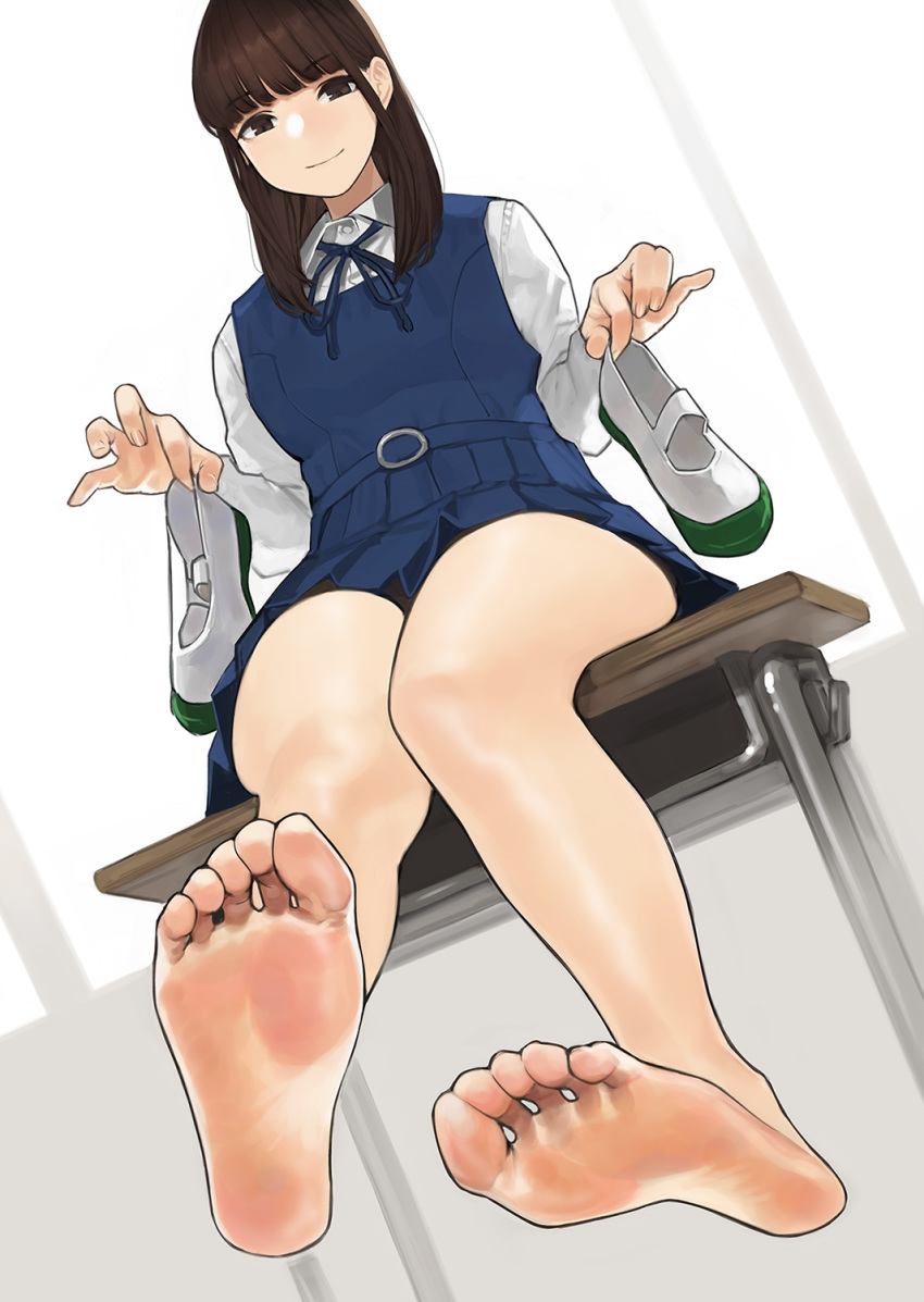 bad_revision bangs barefoot blue_skirt blunt_bangs breasts brown_eyes brown_hair closed_mouth commentary desk downscaled_revision dress dress_shirt feet highres holding holding_shoes legs long_hair looking_at_viewer md5_mismatch neck_ribbon original pinafore_dress pleated_skirt ribbon school_uniform shirt shoes shoes_removed sitting skirt smile soles solo thighs toes uwabaki window yomu_(sgt_epper)