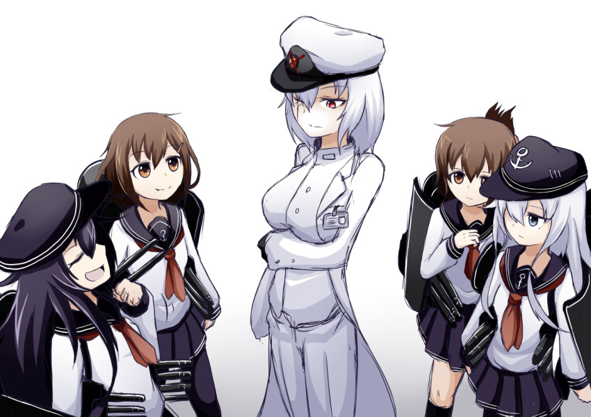 akatsuki_(kantai_collection) arm_grab blue_eyes blue_hair breasts brown_eyes brown_hair closed_eyes crossed_out female_abyssal_admiral_(kantai_collection) folded_ponytail hat hibiki_(kantai_collection) ikazuchi_(kantai_collection) inazuma_(kantai_collection) kantai_collection military_hat multiple_girls name_tag ogawa_shou open_mouth red_eyes scar school_uniform serafuku smile turret white_background white_hair