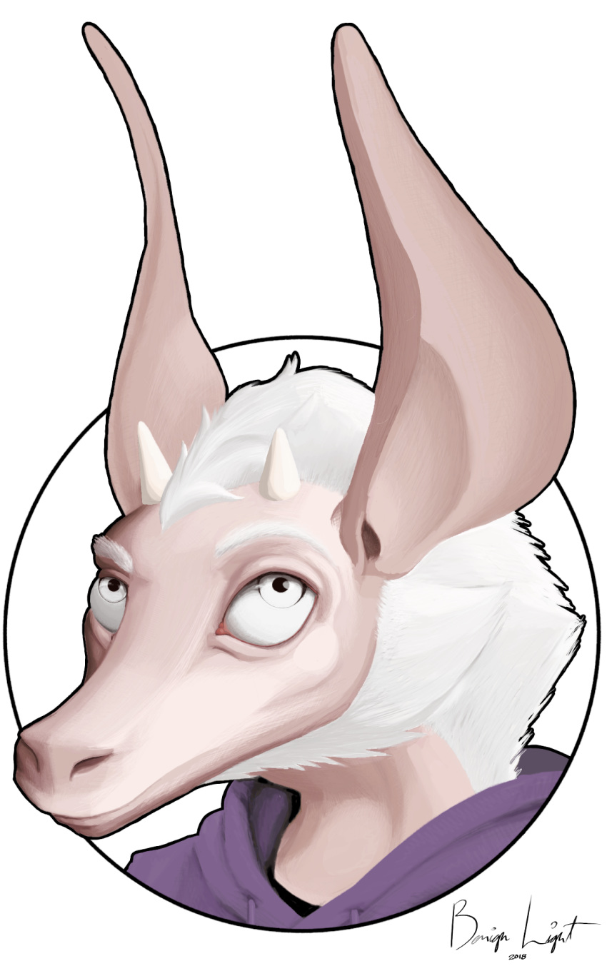 albino alpha_channel ambiguous_gender bat benign_light big_ears clothing demon fruit_bat hair hoodie horn looking_up mammal portrait signature simple_background solo transparent_background white_eyes white_hair