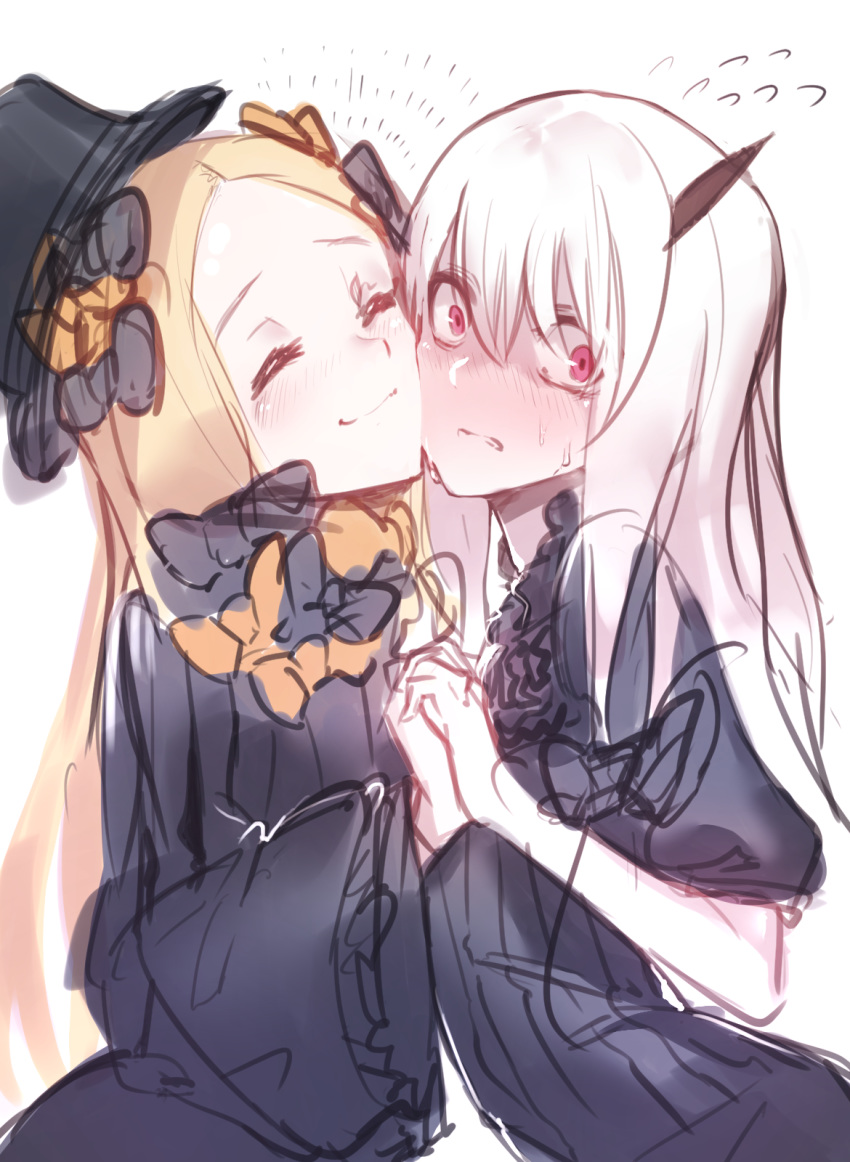 ^_^ abigail_williams_(fate/grand_order) bangs black_bow black_dress black_hat blonde_hair blush bow cheek-to-cheek closed_eyes closed_mouth commentary_request dress fate/grand_order fate_(series) fixro2n flying_sweatdrops hair_bow hat highres holding_hands horn interlocked_fingers lavinia_whateley_(fate/grand_order) long_hair long_sleeves multiple_girls nose_blush orange_bow parted_bangs pink_eyes simple_background sketch sleeves_past_fingers sleeves_past_wrists smile sweat very_long_hair white_background white_hair