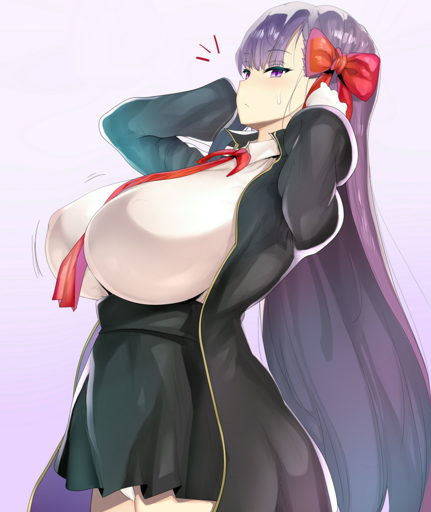 absurdres arms_behind_head bangs bb_(fate)_(all) bb_(fate/extra_ccc) black_coat breasts collared_shirt commentary_request covered_nipples cowboy_shot eyebrows_visible_through_hair fate/extra fate/extra_ccc fate/grand_order fate_(series) from_side gloves hair_ribbon high-waist_skirt highres huge_breasts kedamono_kangoku-tou lace lace-trimmed_thighhighs long_hair looking_at_viewer motion_lines neck_ribbon panties purple_eyes purple_hair red_neckwear red_ribbon ribbon shirt skirt sweatdrop thighhighs underwear very_long_hair white_gloves white_panties white_shirt