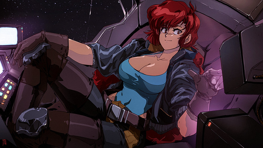 90s belt belt_buckle black_jacket blue_leotard breasts brown_gloves buckle chaps cleavage cockpit commentary covered_navel dark_skin david_liu english_commentary gloves highres jacket jpeg_artifacts knee_pads leotard leotard_under_clothes light_smile long_hair low_ponytail maria_(space_maria) medium_breasts pants reclining red_eyes red_hair revision solo space space_maria spaghetti_strap taut_clothes