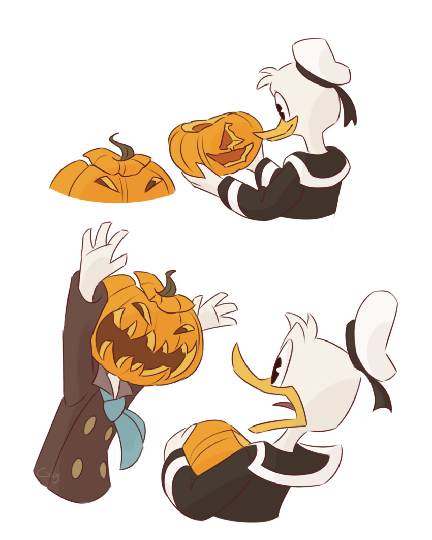 4_fingers avian bird clothed clothing della_duck disney donald_duck duck ducktales duo feathers food fruit jack-o'-lantern open_mouth opossumberry pilot_outfit pumpkin sailor_uniform scared shriek simple_background white_background white_feathers