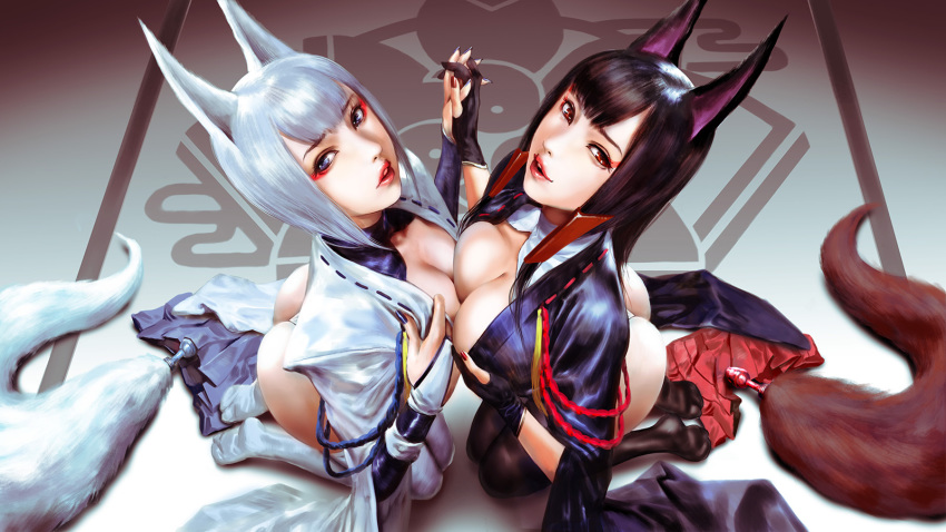 akagi_(azur_lane) anal_tail animal_ears ass azazel1944 azur_lane black_hair blue_eyes blue_nails breast_press breasts bridal_gauntlets butt_plug fake_tail from_above gloves hair_tubes highres japanese_clothes kaga_(azur_lane) kneeling lips looking_at_viewer looking_up makeup medium_hair miniskirt multiple_girls nail_polish pleated_skirt red_eyes red_nails short_hair skirt smile symmetrical_docking symmetrical_hand_pose tail thighhighs white_hair wide_sleeves