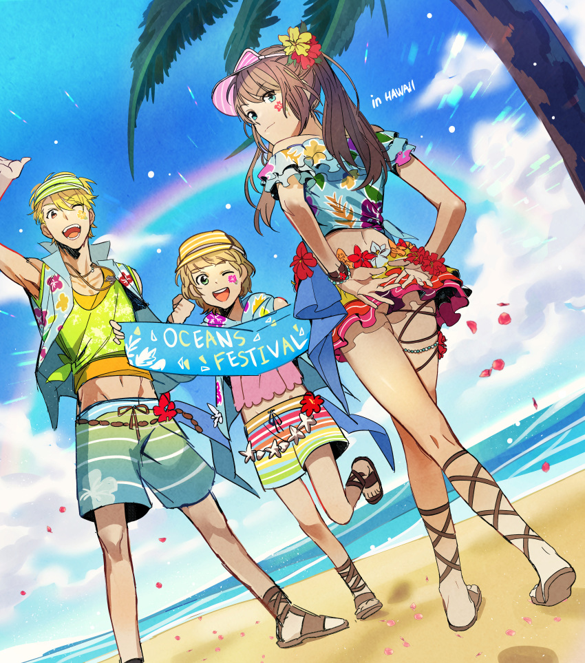 ;d absurdres alternate_costume arms_behind_back beach blonde_hair brown_hair day frilled_skirt frills highres himeno_kanon huge_filesize idolmaster idolmaster_side-m idolmaster_side-m_live_on_stage! leg_up maita_rui male_focus midriff mizushima_saki multiple_boys one_eye_closed open_mouth otoko_no_ko rainbow ryeon_(gs_oik) sandals skirt sleeveless smile twintails visor_cap water