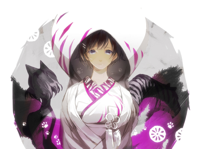 animal_ears animal_print black_hair black_hanekawa breasts cat_ears closed_mouth commentary_request dual_persona hair_ornament hairclip hanekawa_tsubasa japanese_clothes kako_(monogatari) kimono large_breasts looking_at_viewer monogatari_(series) mugi_(mugi-mugi-mugi) nekomonogatari paw_print purple_eyes short_hair silhouette tiger tiger_print