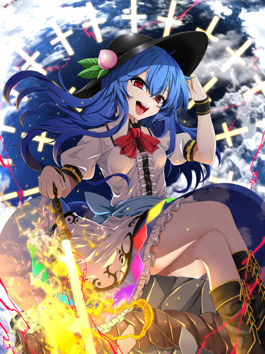 1girl black_footwear black_hat blouse blue_hair blue_skirt boots bow bowtie breasts commentary_request energy feet_out_of_frame food fruit hand_on_headwear hand_up hat head_tilt highres hinanawi_tenshi holding holding_sword holding_weapon keystone leaf legs_crossed long_hair looking_at_viewer medium_breasts open_mouth peach petticoat red_bow red_eyes red_neckwear rihito_(usazukin) rope shide sitting skirt smile solo sword sword_of_hisou thighs tongue tongue_out touhou weapon white_blouse wing_collar wristband