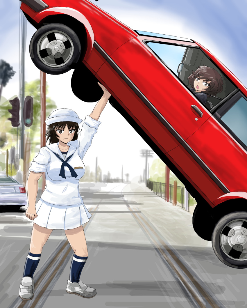 akiyama_yukari bangs black_eyes black_hair black_neckwear blouse blue_sky blurry blurry_background brown_eyes brown_hair car closed_mouth cloud cloudy_sky commentary day depth_of_field dixie_cup_hat frown girls_und_panzer ground_vehicle hat highres holding loafers long_hair long_sleeves looking_at_viewer military_hat miniskirt miraruto_(h3yja) motor_vehicle multiple_girls murakami_(girls_und_panzer) navy_blue_legwear neckerchief ooarai_naval_school_uniform open_mouth outdoors pleated_skirt print_legwear sailor sailor_collar school_uniform shoes single_horizontal_stripe skirt sky sleeves_rolled_up socks standing surprised sweatdrop traffic_light utility_pole v-shaped_eyebrows white_blouse white_footwear white_hat white_skirt