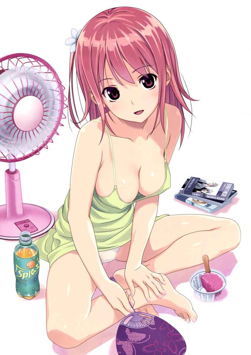 absurdres bare_arms bare_legs barefoot breasts camisole cleavage collarbone covered_nipples downblouse electric_fan eyebrows_visible_through_hair fan feet fingernails flower food full_body hair_flower hair_ornament head_tilt highres ice_cream ice_cream_spoon indian_style koutaro long_hair looking_at_viewer medium_breasts medium_hair no_bra one_side_up open_mouth original panties paper_fan pink_hair purple_eyes scan simple_background sitting smile soda_bottle solo spoon strap_gap toenails uchiwa underwear white_background white_panties