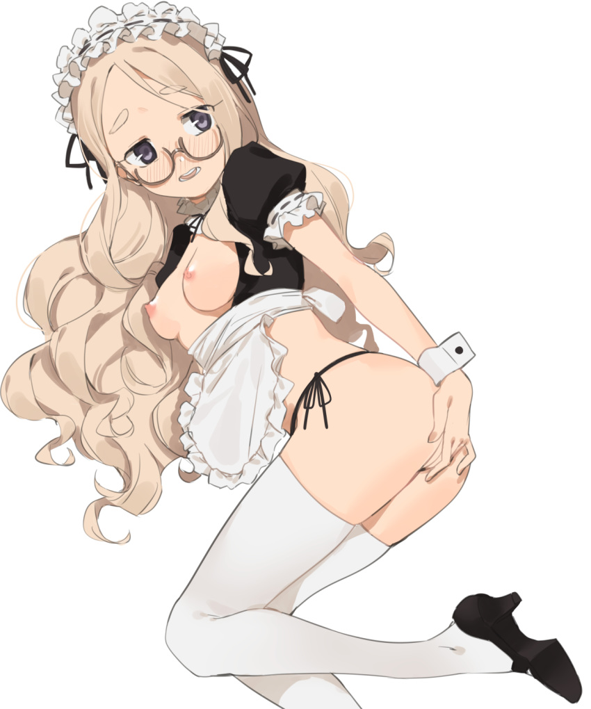 2l_(2lsize) apron ass black_footwear black_panties blonde_hair blush breasts breasts_outside covering covering_ass forehead frills from_side highres long_hair looking_back maid maid_headdress mary_janes nipples nose_blush open_mouth original panties shoes side-tie_panties small_breasts solo teeth thick_eyebrows thighhighs thighs underwear waist_apron wavy_hair white_legwear