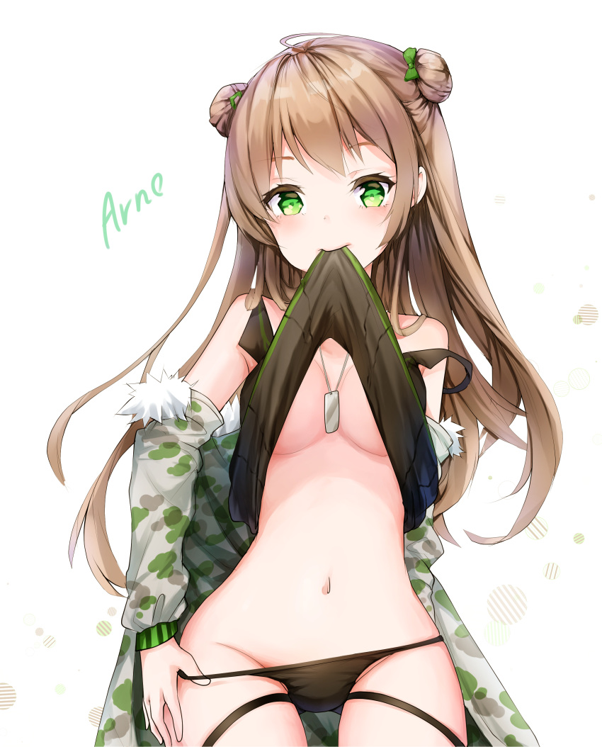 absurdres ahoge arno_(ft3014) bangs bare_shoulders black_dress blush bow breasts brown_hair camouflage_jacket choker coat collarbone commentary dog_tags double_bun dress dress_in_mouth eyebrows_visible_through_hair fur-trimmed_coat fur_trim girls_frontline green_eyes groin hair_bow highres jacket jewelry long_hair looking_at_viewer medium_breasts mouth_hold navel necklace panties panty_pull rfb_(girls_frontline) sidelocks simple_background smile solo stomach strap_slip thigh_strap thighs underwear white_background