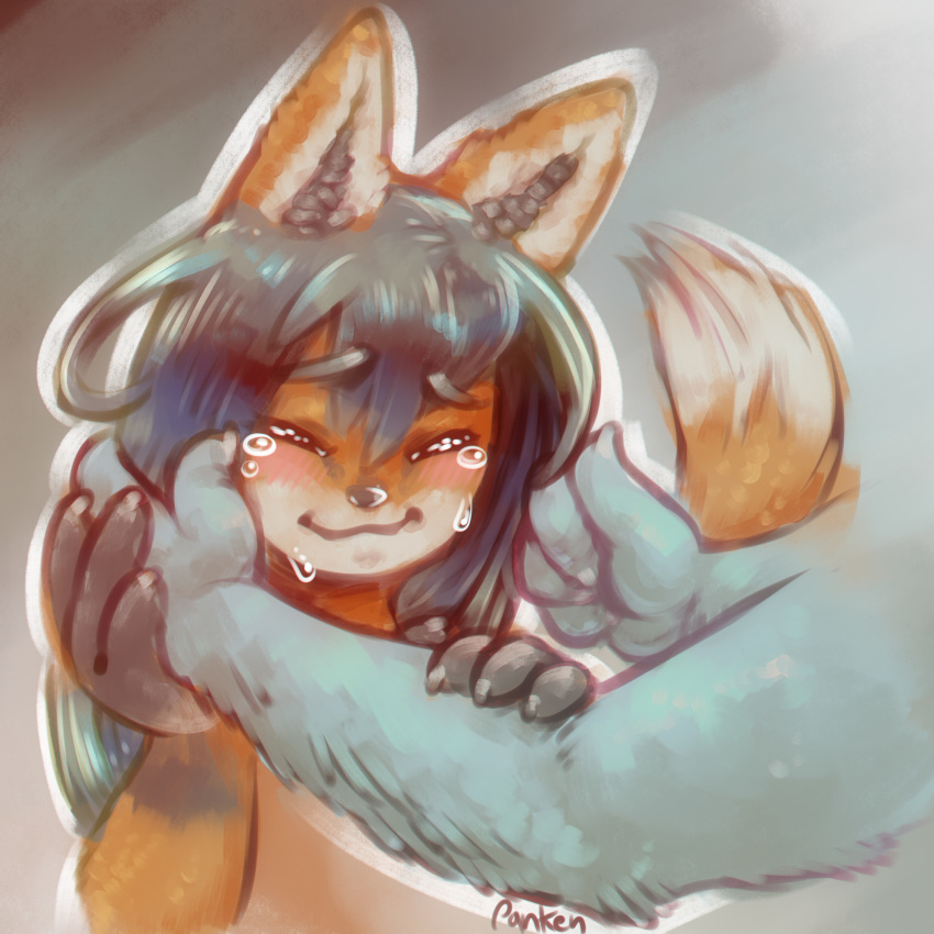 anthro black_hair canine consoling crying disembodied_hand duo female fox fur hair hand_on_face holding_(disambiguation) kinktober mammal orange_fur panken simple_background smile solo_focus tears