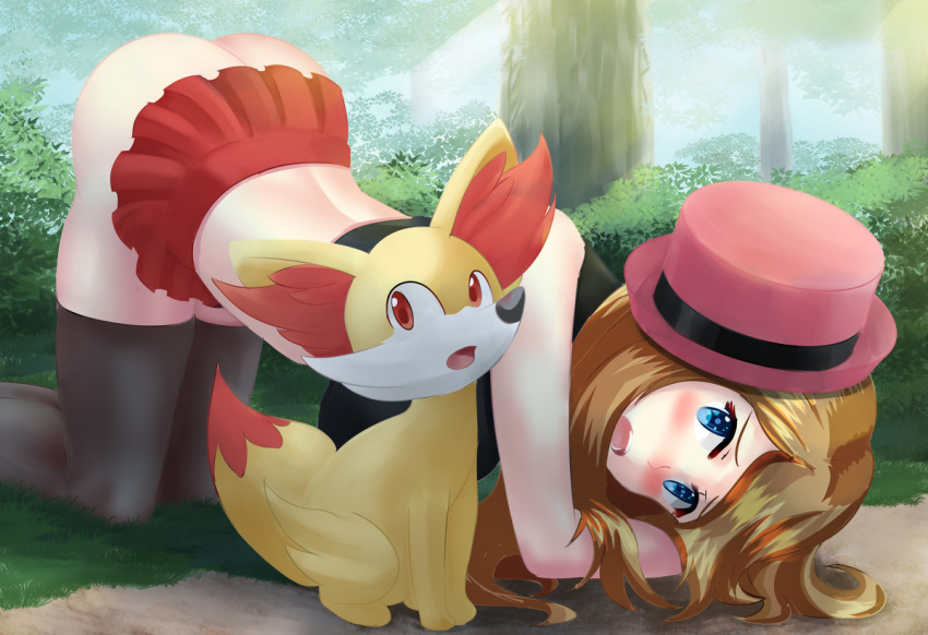 10s 1girl alternate_color anger_vein ass bare_shoulders black_legwear black_panties blue_eyes blush breasts brown_hair creatures_(company) fang fast-runner-2024 fedora fennekin from_side game_freak gen_6_pokemon hat highres leaning leaning_forward long_hair looking_at_viewer nintendo open_mouth orange_hair panties pleated_skirt pokemon pokemon_(anime) pokemon_(game) pokemon_xy red_skirt serena_(pokemon) simple_background skirt sleeveless thighhighs underwear upskirt white_background