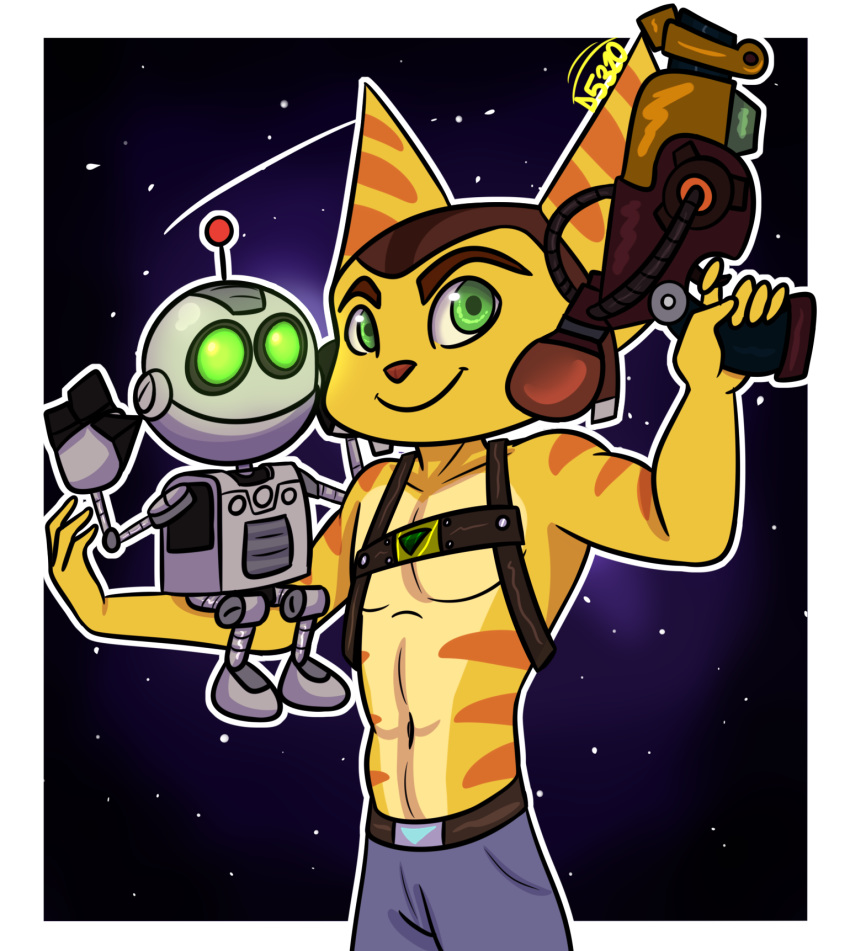 abs anthro athletic clank clothed clothing damian5320 duo holding_object holding_weapon lombax looking_at_viewer machine male mammal pecs ratchet ratchet_and_clank robot topless video_games weapon