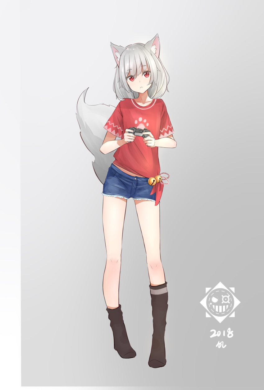 absurdres animal_ears bare_legs bell commentary_request controller denim denim_shorts expressionless fox_ears fox_tail full_body game_controller grey_background highres jingle_bell original paw_print red_eyes red_shirt shirt short_hair short_shorts short_sleeves shorts silver_hair simple_background tail xhh19980603