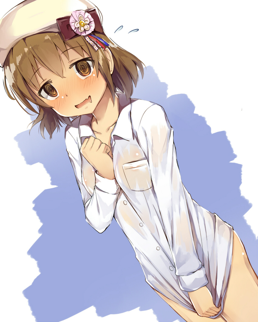 :d @_@ areolae bangs blush breasts collarbone collared_shirt commentary_request covered_nipples covering covering_crotch cowboy_shot crossed_bangs dress_shirt dutch_angle eyebrows_visible_through_hair flying_sweatdrops highres idolmaster idolmaster_cinderella_girls kita_hinako light_brown_eyes light_brown_hair looking_at_viewer naked_shirt nipples nose_blush open_mouth see-through seneto shirt shirt_tug short_hair small_breasts smile solo wavy_mouth white_shirt wing_collar