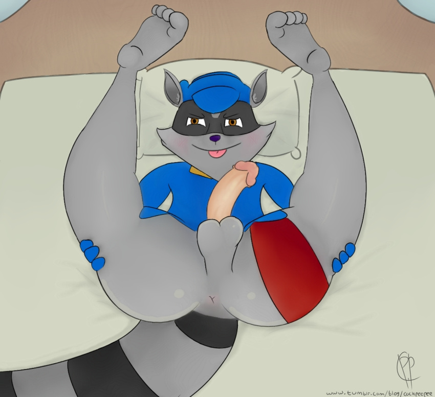 balls bed bed_sheet bedding butt cockpeepee feet male mammal penis presenting procyonid raccoon sly_cooper sly_cooper_(series) solo tongue video_games