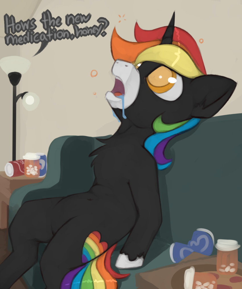 ambiguous_gender bottle cutie_mark dialogue drooling english_text equine fan_character feral hair hi_res horn inside lamp mammal marsminer medicine multicolored_hair my_little_pony open_mouth rainbow_hair rainbow_heart saliva sitting sofa text unicorn