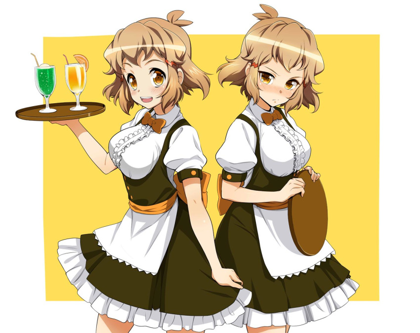 :d alternate_costume blush breasts brown_hair center_frills clone closed_mouth commentary cowboy_shot cup drinking_glass drinking_straw dual_persona food fruit holding holding_tray ice_cream ice_cream_float kurihara_kenshirou looking_at_viewer maid medium_hair multiple_girls open_mouth senki_zesshou_symphogear senki_zesshou_symphogear_xd_unlimited short_hair skirt_hold smile tachibana_hibiki_(symphogear) tray waitress yellow_eyes