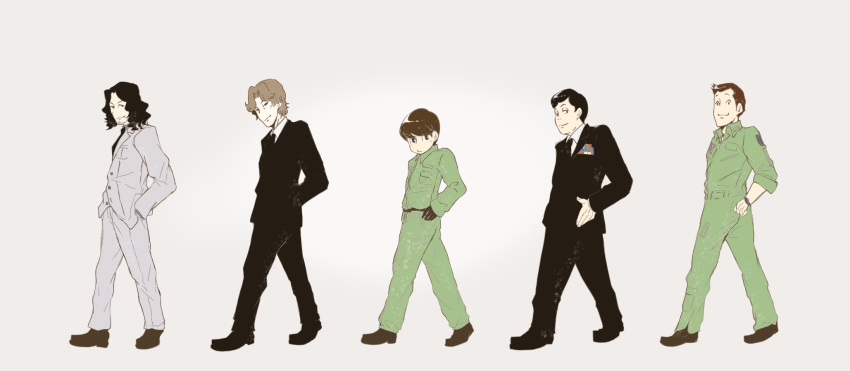 black_eyes black_footwear black_gloves black_hair black_pants black_suit brown_eyes brown_footwear brown_hair formal gloves grey_suit hand_on_hip hands_in_pockets highres hiroki_ikushima hiroshi_sosoda hisone_to_masotan iiboshi_(hisomaso) looking_at_viewer male_focus medium_hair military military_uniform multiple_boys okonogi_haruto pants shoes simple_background smile standing suit uniform xx44xx yutaka_zaito