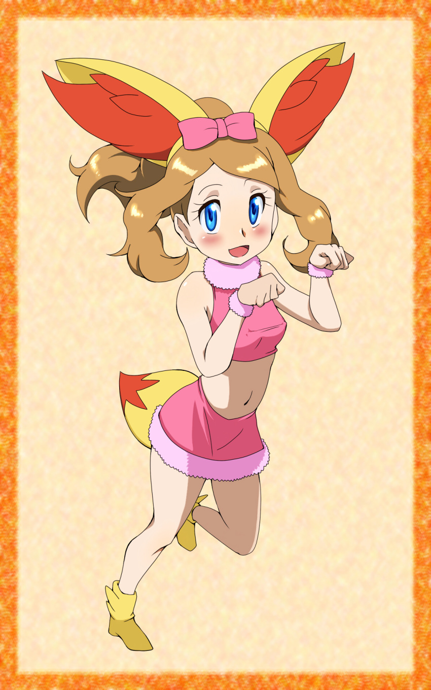 1girl alternate_costume blue_eyes brown_hair cosplay creatures_(company) fennekin fennekin_(cosplay) game_freak gen_6_pokemon highres long_hair nintendo pokemon pokemon_(anime) pokemon_xy_(anime) serena_(pokemon) solo striped striped_background