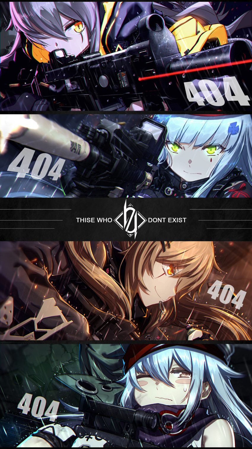 &gt;:) 404_logo_(girls_frontline) 4girls absurdres action aiming ammunition_pouch armband artist_logo artist_name assault_rifle bangs beret black_jacket black_legwear blunt_bangs blurry blurry_background blush blush_stickers boots breasts brown_eyes brown_hair bullpup casing_ejection clenched_teeth closed_mouth clothes_writing convenient_leg crossed_bangs dirty eotech error explosion eyebrows_visible_through_hair facial_mark fingerless_gloves firing flashbang g11 g11_(girls_frontline) german_flag girls_frontline gloves green_eyes grenade_pin gun h&amp;k_ump h&amp;k_ump45 h&amp;k_ump9 hair_between_eyes hair_ornament hair_over_one_eye hair_ribbon hat heckler_&amp;_koch highres hk416 hk416_(girls_frontline) holding holding_gun holding_weapon hood hood_down hooded_jacket jacket knee_pads knees_together_feet_apart laser_sight light long_hair looking_at_viewer magazine_(weapon) mahousho md5_mismatch medium_breasts mud multiple_girls muzzle_flash one_eye_closed one_side_up open_clothes open_mouth plaid plaid_skirt pouch rain ribbon rifle scar scar_across_eye scarf scarf_on_head scope shell_casing shirt shorts shoulder_cutout side_ponytail sidelocks silver_hair single_legging sitting skirt smoke smoke_grenade submachine_gun suppressor sweatdrop teardrop teeth twintails ump45_(girls_frontline) ump9_(girls_frontline) very_long_hair water weapon wet yellow_eyes