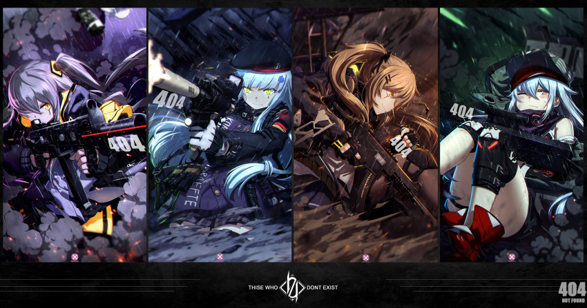 &gt;:) 404_logo_(girls_frontline) 4girls absurdres action aiming ammunition_pouch armband artist_logo artist_name assault_rifle bangs beret black_jacket black_legwear blunt_bangs blurry blurry_background blush blush_stickers boots breasts brown_eyes brown_hair bullpup casing_ejection chinese_commentary clenched_teeth closed_mouth clothes_writing commentary_request convenient_leg crossed_bangs dirty eotech explosion eyebrows_visible_through_hair facial_mark fingerless_gloves firing flashbang g11 g11_(girls_frontline) german_flag girls_frontline gloves green_eyes grenade_pin gun h&amp;k_ump h&amp;k_ump45 h&amp;k_ump9 hair_between_eyes hair_ornament hair_over_one_eye hair_ribbon hat heckler_&amp;_koch highres hk416 hk416_(girls_frontline) holding holding_gun holding_weapon hood hood_down hooded_jacket http_status_code jacket knee_pads knees_together_feet_apart laser_sight light long_hair looking_at_viewer magazine_(weapon) mahousho md5_mismatch medium_breasts mud multiple_girls muzzle_flash one_eye_closed one_side_up open_clothes open_mouth plaid plaid_skirt pouch rain ribbon rifle scar scar_across_eye scarf scarf_on_head scope shell_casing shin_strap shirt shorts shoulder_cutout side_ponytail sidelocks silver_hair single_legging sitting skirt smoke smoke_grenade submachine_gun suppressor sweatdrop teardrop teeth thigh_strap thighhighs twintails ump45_(girls_frontline) ump9_(girls_frontline) very_long_hair water weapon wet yellow_eyes