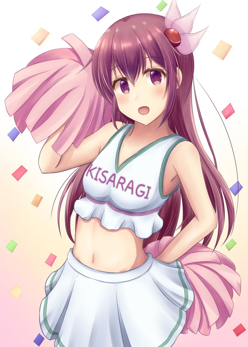 arm_up armpits breasts brown_hair cheerleader clothes_writing commentary_request confetti crop_top ganbare_ganbare_(itou_life) hair_ornament highres kantai_collection kisaragi_(kantai_collection) long_hair looking_at_viewer meme midriff minakami_mimimi miniskirt navel open_mouth pink_background pom_poms purple_eyes ribbon skirt sleeveless small_breasts smile solo two-tone_background white_background white_skirt