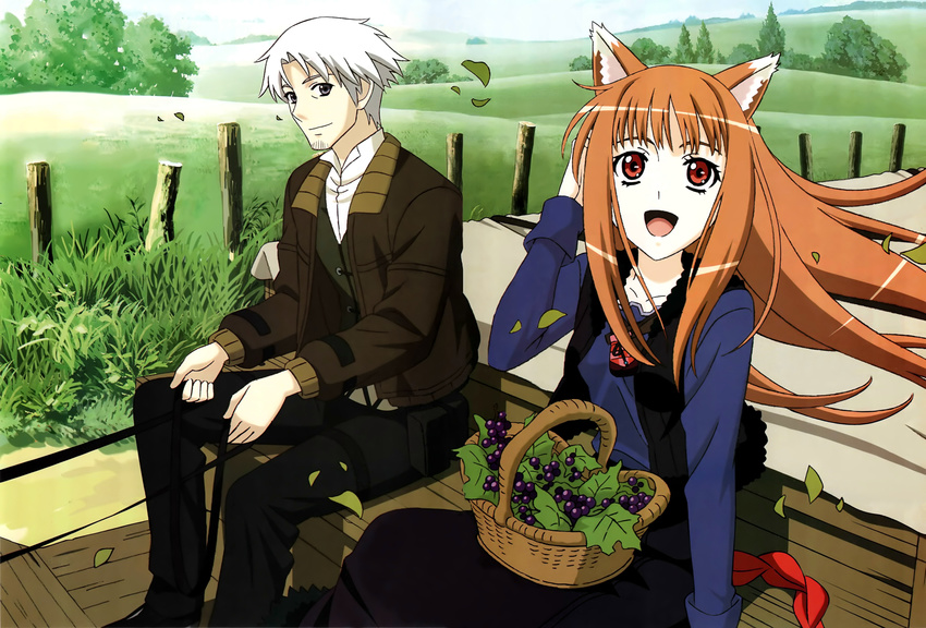 1girl absurdres animal_ears basket black_eyes brown_hair cart craft_lawrence detexted food highres holo jacket leaf long_hair non-web_source open_mouth red_eyes sasaki_masashi short_hair silver_hair spice_and_wolf third-party_edit very_long_hair vest