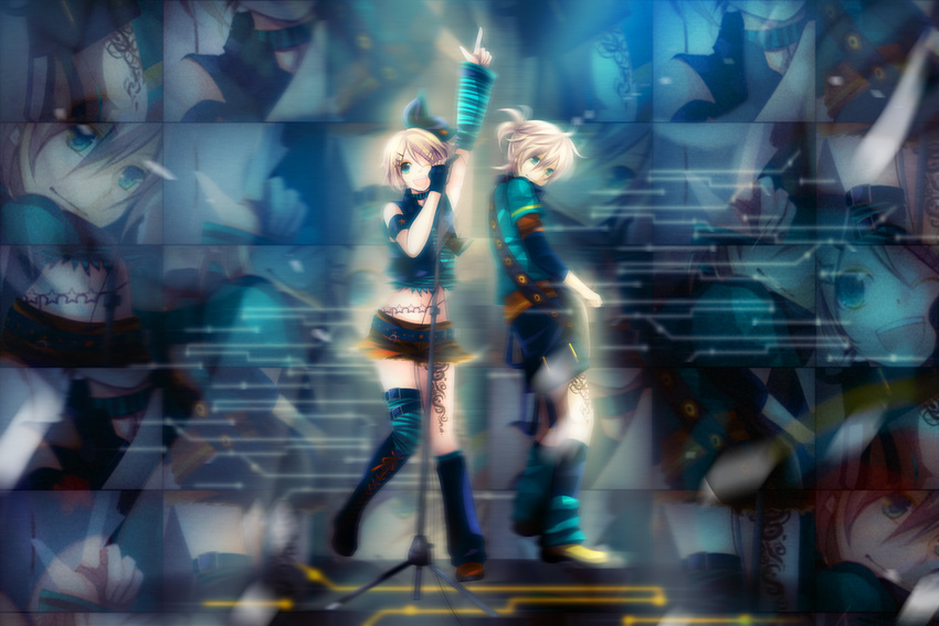 1girl aqua_eyes bad_id bad_pixiv_id belt blonde_hair boots brother_and_sister fingerless_gloves gloves hair_ornament hair_ribbon hairclip kagamine_len kagamine_rin microphone microphone_stand one_eye_closed ribbon short_hair siblings single_glove smile soriku tattoo thighhighs twins vocaloid