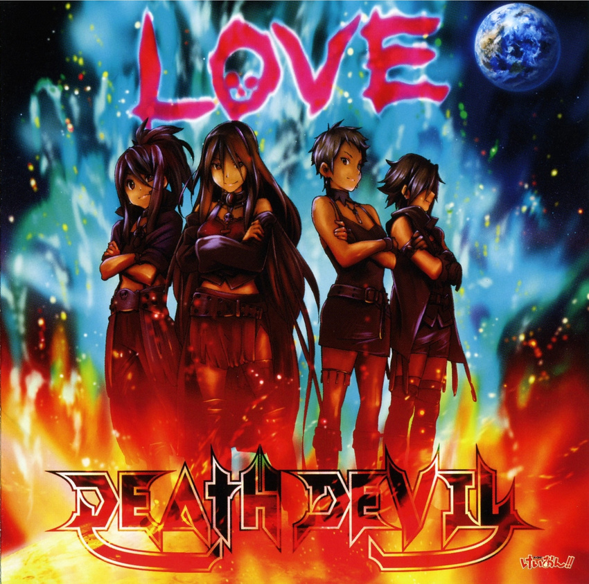 album_cover belt choker cover crossed_arms death_devil della_(k-on!) earth extra fire highres horiguchi_yukiko jane_(k-on!) k-on! kawaguchi_norimi miniskirt multiple_girls no_eyewear official_art pantyhose scan skirt skull sleeves_rolled_up thighhighs yamanaka_sawako