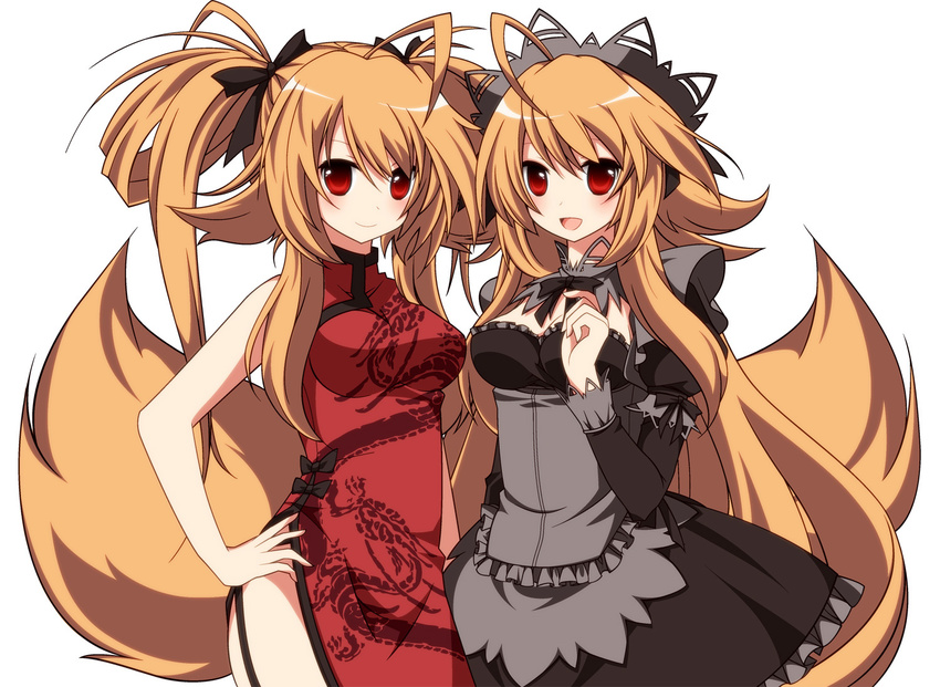 ahoge bad_id bad_pixiv_id blush breasts brown_hair china_dress chinese_clothes dress fox_tail gothic_lolita lolita_fashion long_hair looking_at_viewer maid medium_breasts multiple_girls open_mouth orange_hair original red_eyes ribbon siblings simple_background sisters smile syno tail twins twintails white_background