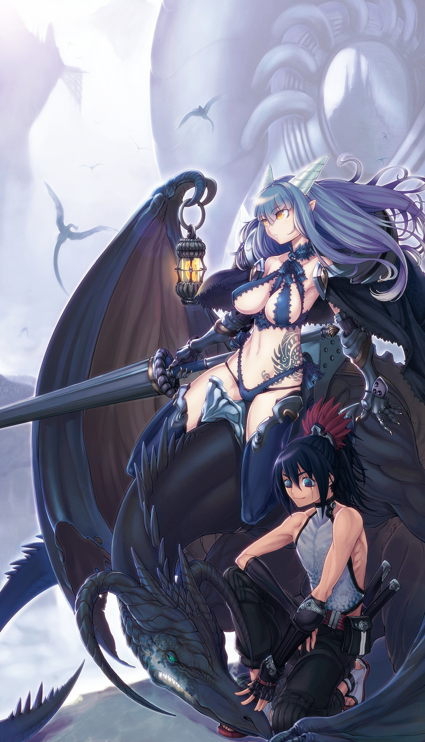 1girl armor ayaki bikini_armor black_hair breasts dragon fantasy fingerless_gloves gauntlets gloves highres horns lance lantern large_breasts long_hair original pointy_ears polearm ponytail purple_hair riding scar tattoo thighhighs weapon wings yellow_eyes