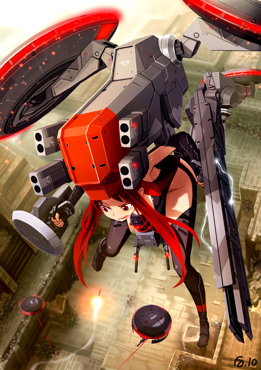 bail chrysalis_(mgs:peace_walker) elbow_gloves fingerless_gloves flying gloves gun highres long_hair mecha mecha_musume metal_gear_(series) metal_gear_solid_peace_walker military open_mouth personification red_eyes red_hair solo thighhighs weapon