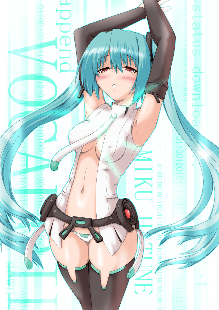 absurdres aqua_hair armpits arms_up belt blush breasts covered_nipples detached_sleeves hatsune_miku hatsune_miku_(append) highres kokorono_arika large_breasts long_hair lowleg lowleg_panties navel necktie panties red_eyes solo thighhighs twintails underwear very_long_hair vocaloid vocaloid_append