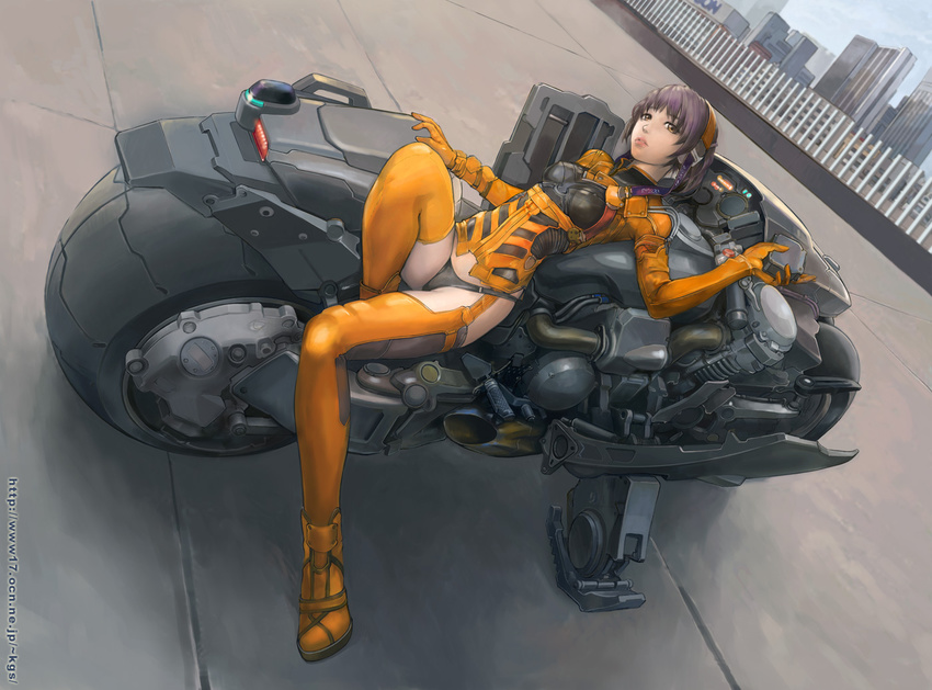 bodysuit brown_eyes building cityscape fence full_body ground_vehicle hairband kuratch looking_at_viewer lying motor_vehicle motorcycle on_back orange_bodysuit orange_legwear original panties purple_hair railing short_hair solo thighhighs underwear