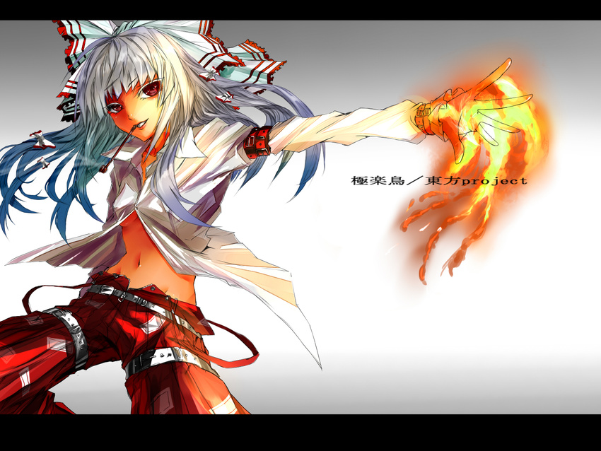 bad_id bad_pixiv_id bow breasts colored_eyelashes eyelashes fire fujiwara_no_mokou hair_bow hair_ribbon highres karlwolf large_breasts long_hair pants red_eyes ribbon silver_hair solo suspenders touhou underboob