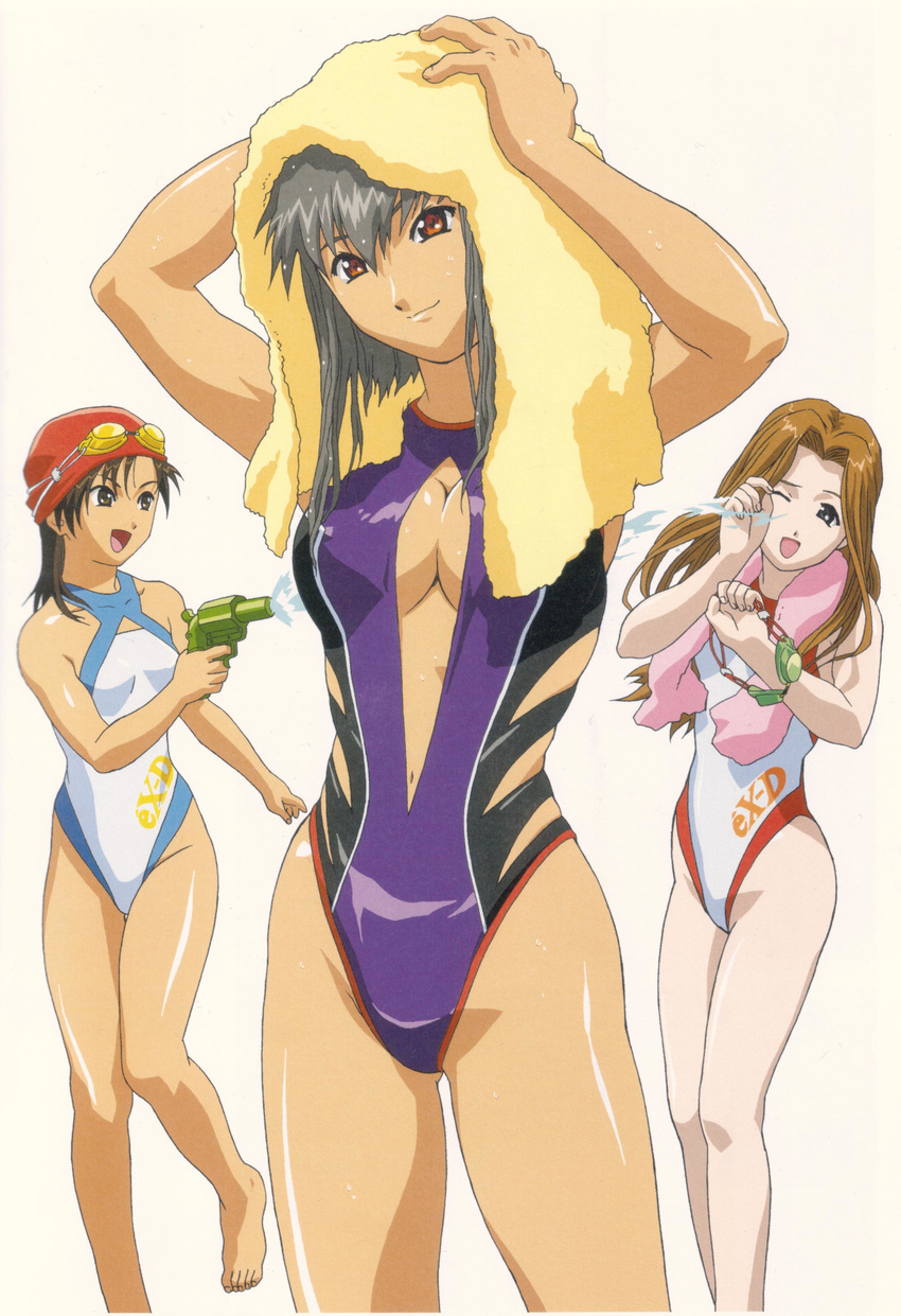 absurdres artist_request breasts casual_one-piece_swimsuit cleavage cleavage_cutout competition_swimsuit drying drying_hair endou_lorna ex-driver goggles goggles_on_head happy highres kazama_rei medium_breasts multiple_girls one-piece_swimsuit sakakino_lisa scan smile swim_cap swimsuit towel water_gun wince