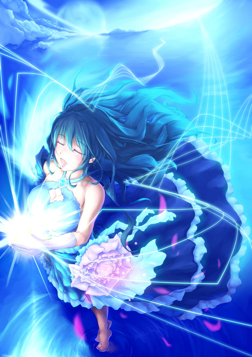 :d absurdres bare_shoulders blue blue_dress blue_hair breasts cleavage cleavage_cutout closed_eyes die_blonde_bestie dress elbow_gloves flower from_above gloves glowing highres magic medium_breasts open_mouth original smile solo standing