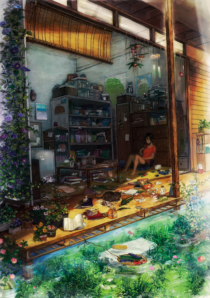 ahoge apple bandaid barefoot blinds book brown_eyes brown_hair cat corn cucumber eating eggplant fish flower food fruit goldfish grass hair_ornament hairclip highres kappa messy_room morning_glory nature neyagi original pixiv_festa plant popsicle potted_plant room scenery shade short_hair shorts sitting solo tomato water watermelon watermelon_bar wide_shot wind_chime