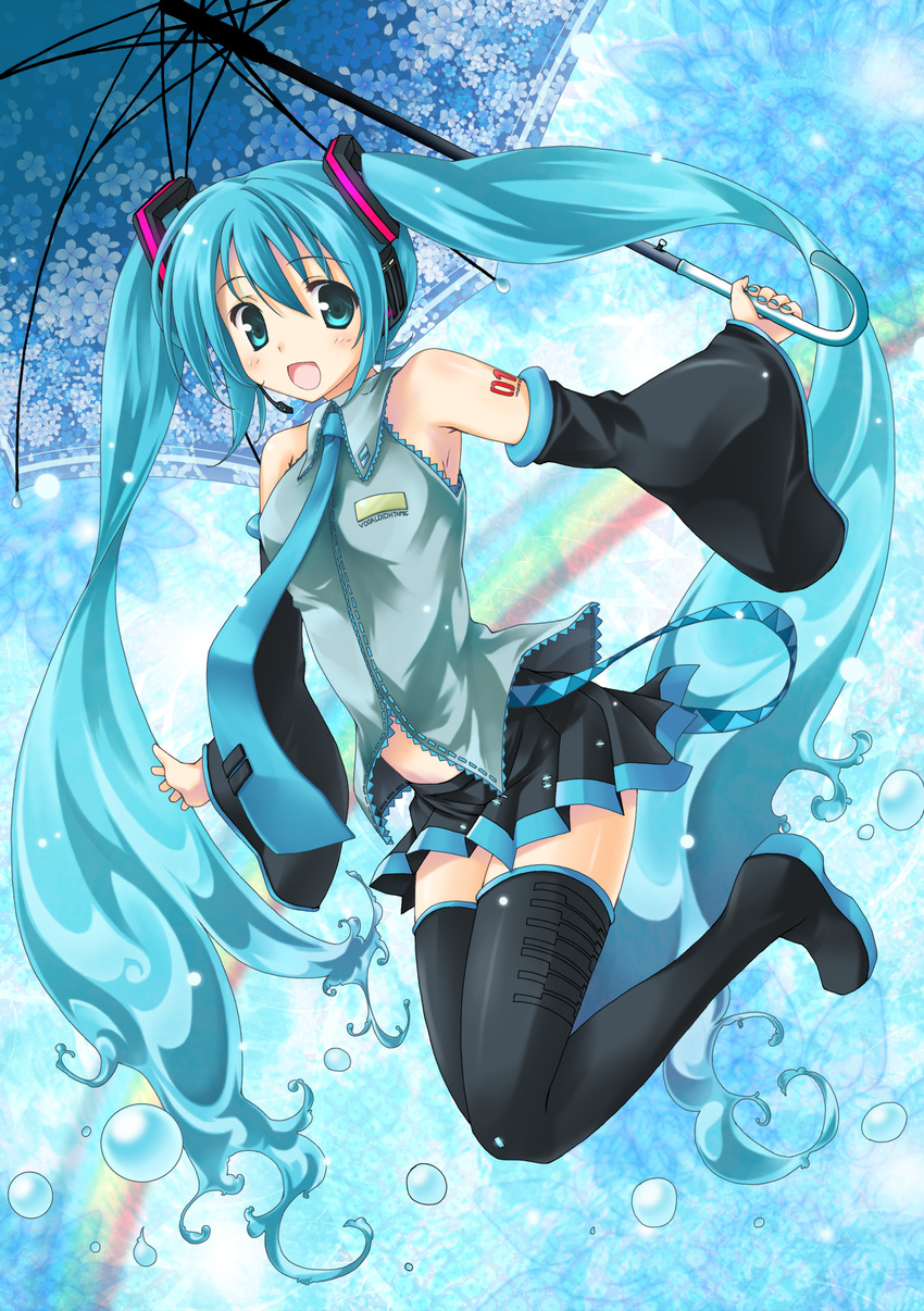 absurdres aqua_eyes aqua_hair bad_id bad_pixiv_id detached_sleeves hatsune_miku headphones headset highres jumping keika_(falier00) legs long_hair necktie skirt smile solo thighhighs twintails umbrella very_long_hair vocaloid zettai_ryouiki