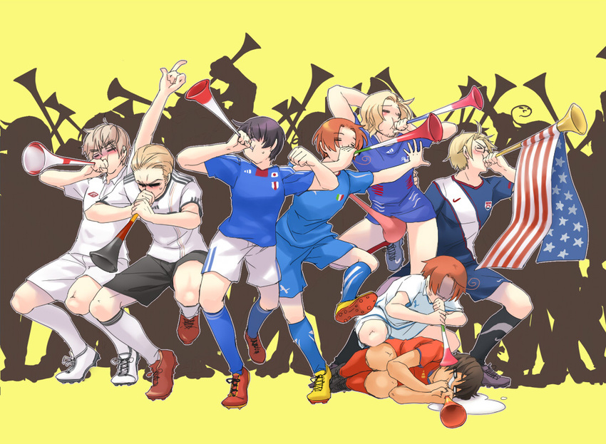 6+boys =_= america_(hetalia) axis_powers_hetalia censored convenient_censoring fabulous flag france_(hetalia) germany_(hetalia) horn_(instrument) japan_(hetalia) male_focus multiple_boys natsuyon northern_italy_(hetalia) soccer soccer_uniform southern_italy_(hetalia) spain_(hetalia) sportswear united_kingdom_(hetalia) vuvuzela world_cup