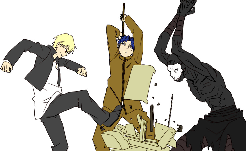 4chan blonde_hair blue_eyes blue_hair dark_skin dark_skinned_male destruction drawfag fate/stay_night fate_(series) fax_machine gilgamesh matou_shinji multiple_boys office_space parody red_eyes simple_background true_assassin